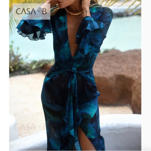 NEW to CASA B!💫| The Lumina Floral Deep V Frill Sleeve Maxi Dress in Azure - Picture 6 of 9